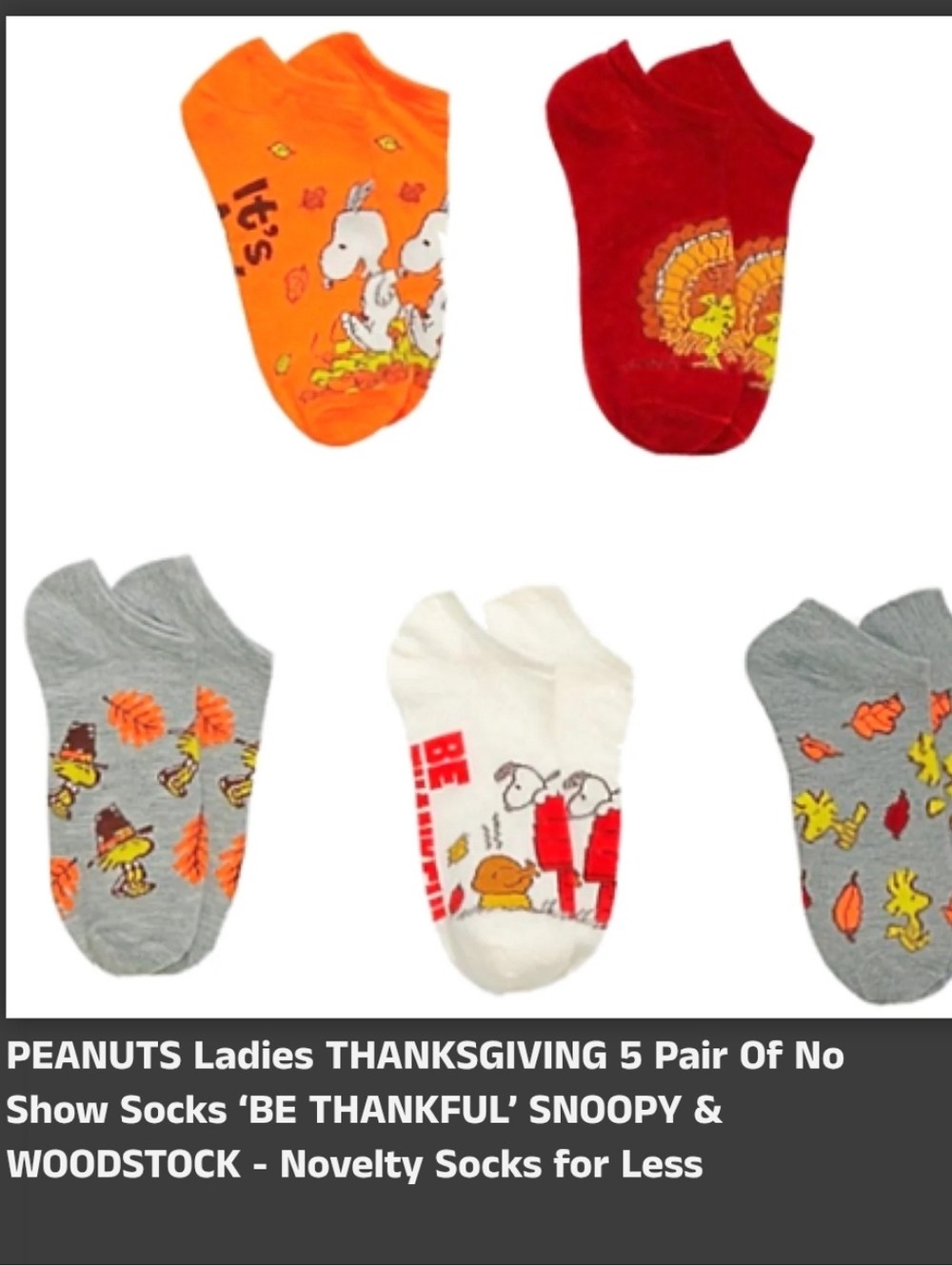 Peanuts Thanksgiving/Fall No-Show Sock Set - Snoopy & Woodstock (5 Pairs)